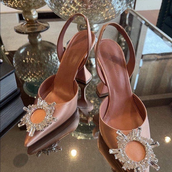 Amina Muaddi Begum slingback in chestnut satin. - Picture 8 of 8